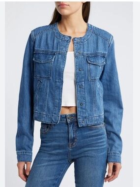 HIDDEN JEANS Collarless Denim Trucker Jacket Blue